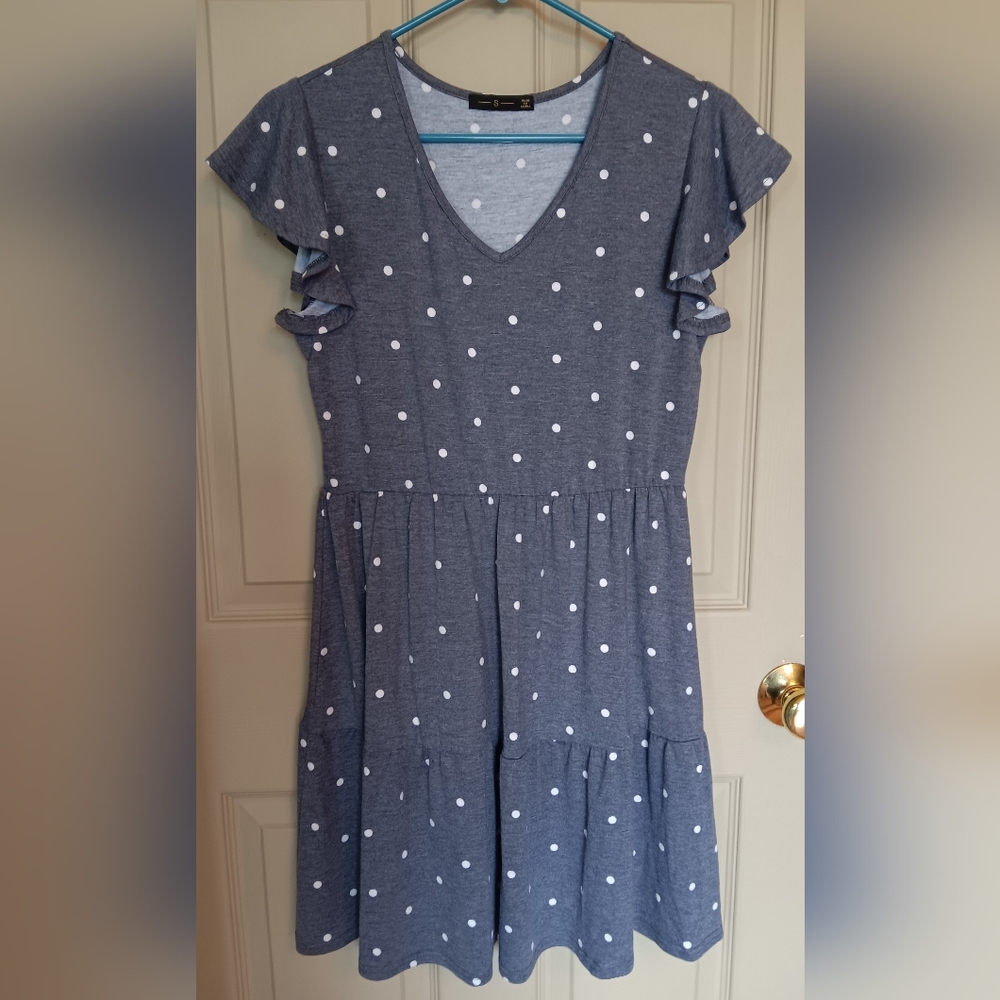 Women's V-Neck Summer Dress - Blue w/White Polka Dots - Size Small